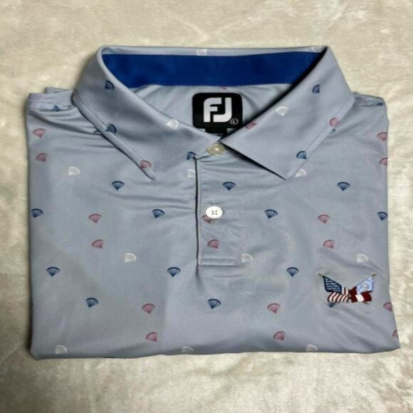 Footjoy Performance Golf Polo Men's L Geometric AOP Red White Steel Blue Stretch - Picture 9 of 9